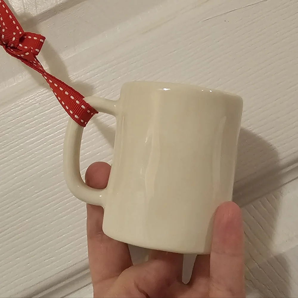 Rae Dunn EUC Ornament Set - Holly and Jolly Mugs with Red Ribbon